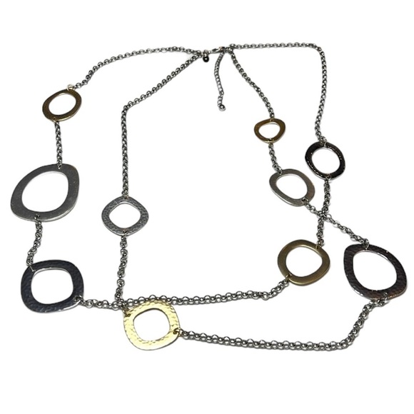 Chico’s Double Layer Long Necklace Hammered Silver Tone Gold Tone Circles - Picture 1 of 12